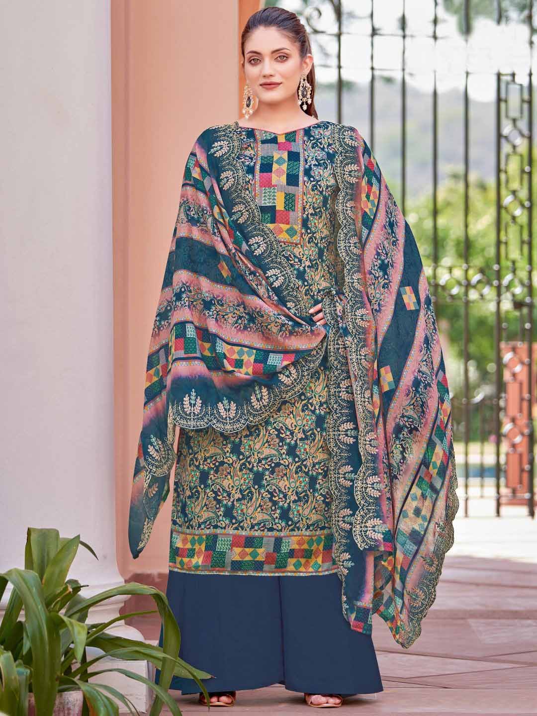 Alok Unstitched Printed Blue Cotton Salwar Suits Set - Stilento
