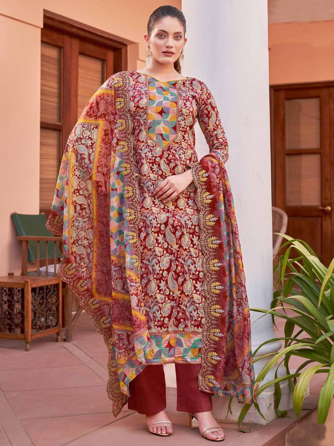 Alok Unstitched Printed Red Cotton Salwar Suits Set - Stilento