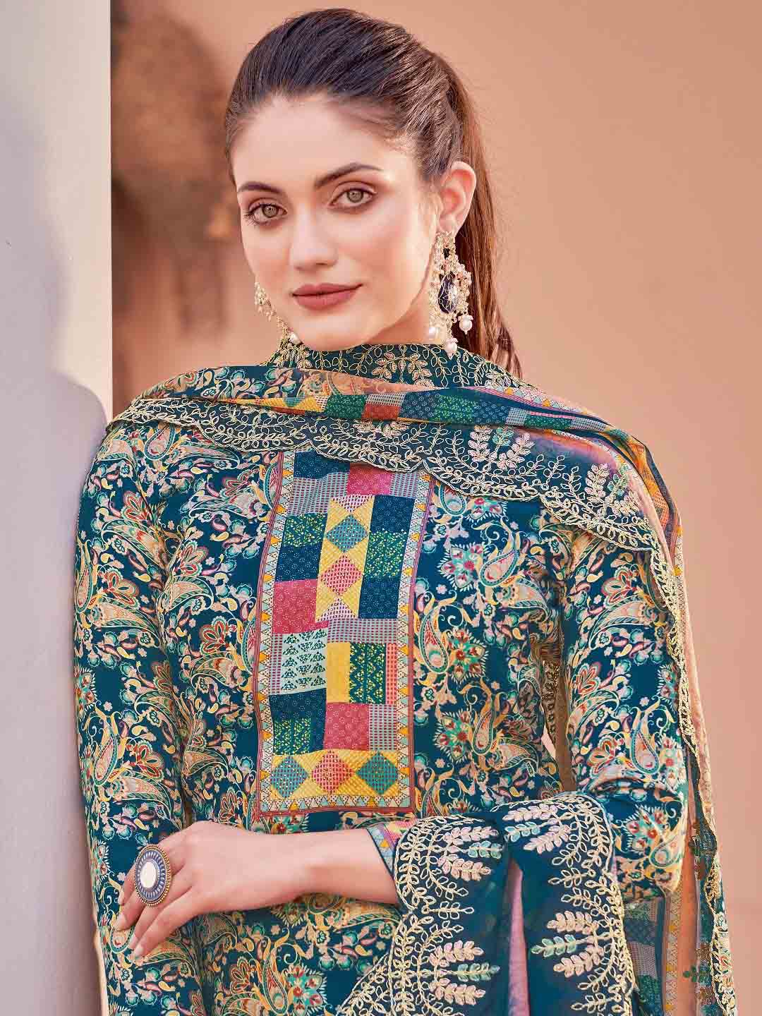 Alok Unstitched Printed Blue Cotton Salwar Suits Set - Stilento