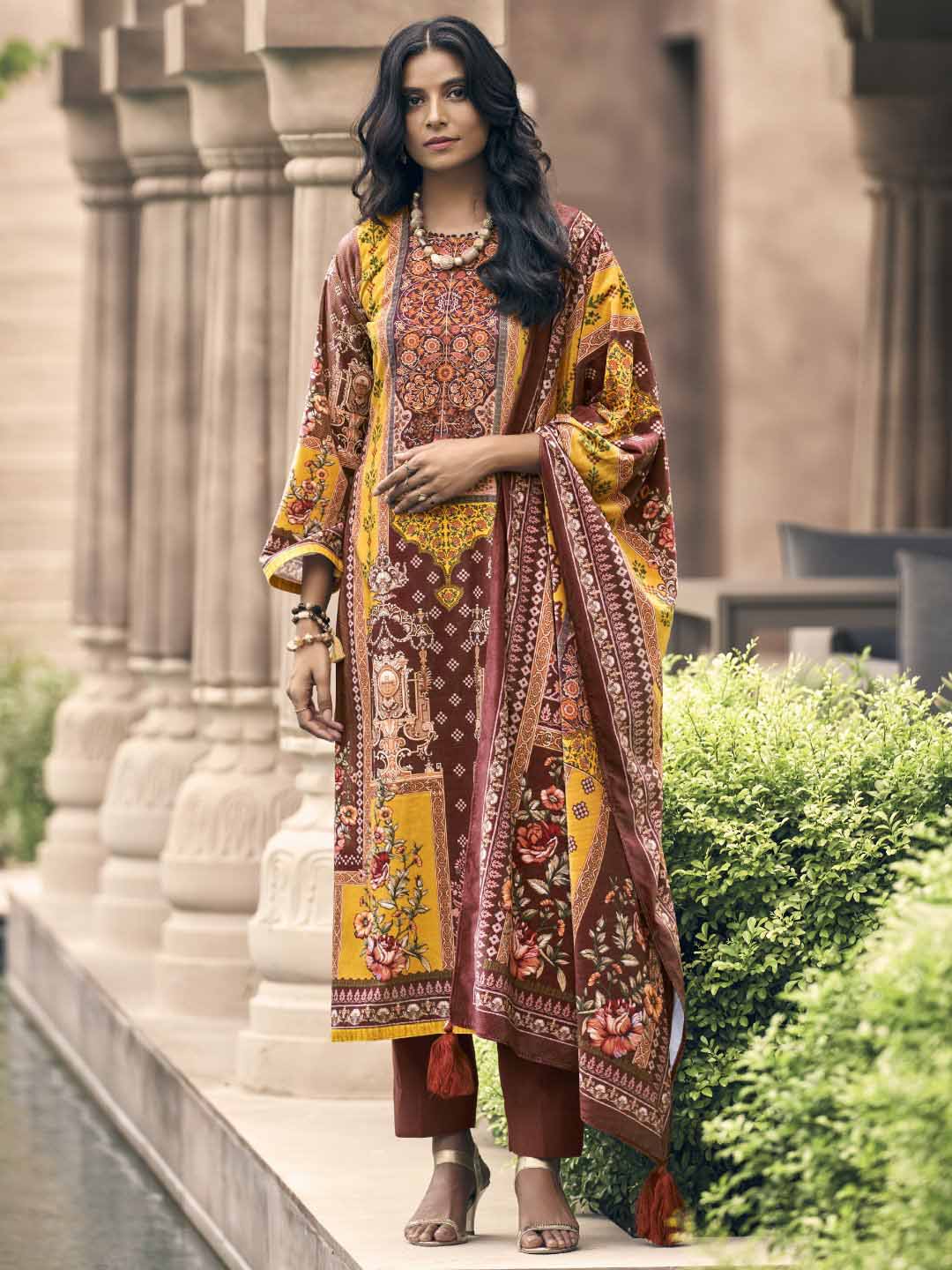 Unstitched Silk Velvet Yellow Pakistani Print Winter Salwar Suit Set Material