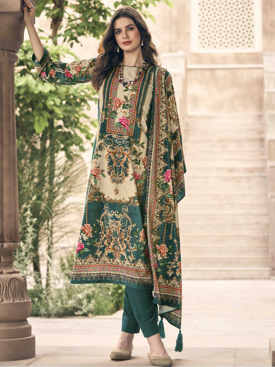 Silk Velvet Green Unstitched Winter Pakistani Style Suits - Stilento