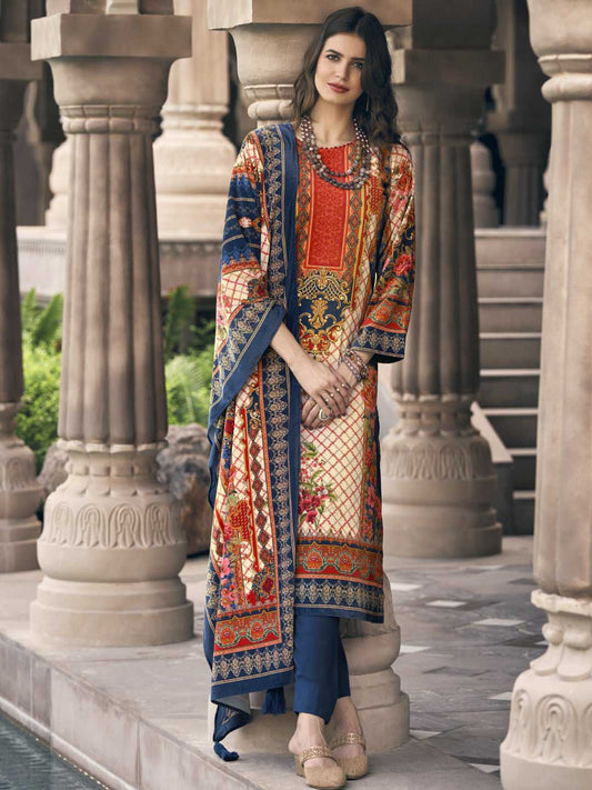 Unstitched Silk Velvet Blue Pakistani Print Winter Suit