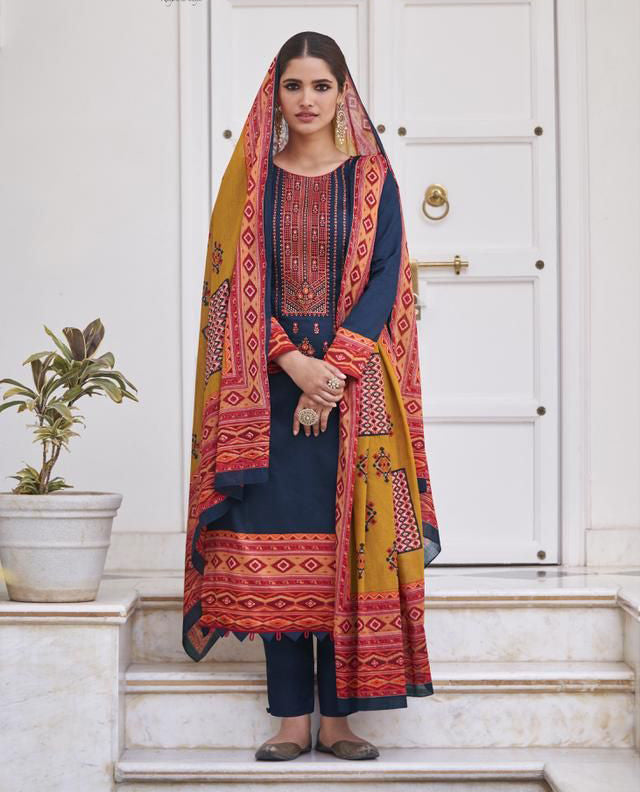 Mumtaz Lawn Cotton Unstitched Blue Salwar Suit Material With Neck Embroidery - Stilento