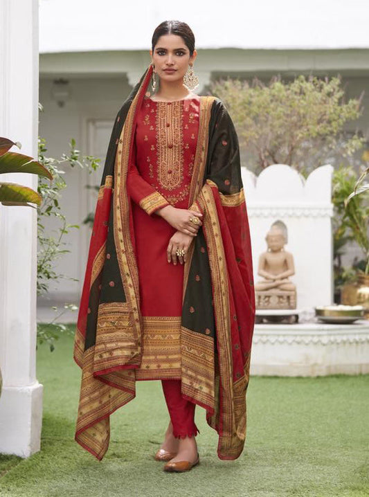 Mumtaz Lawn Cotton Unstitched Red Salwar Suit Material With Neck Embroidery