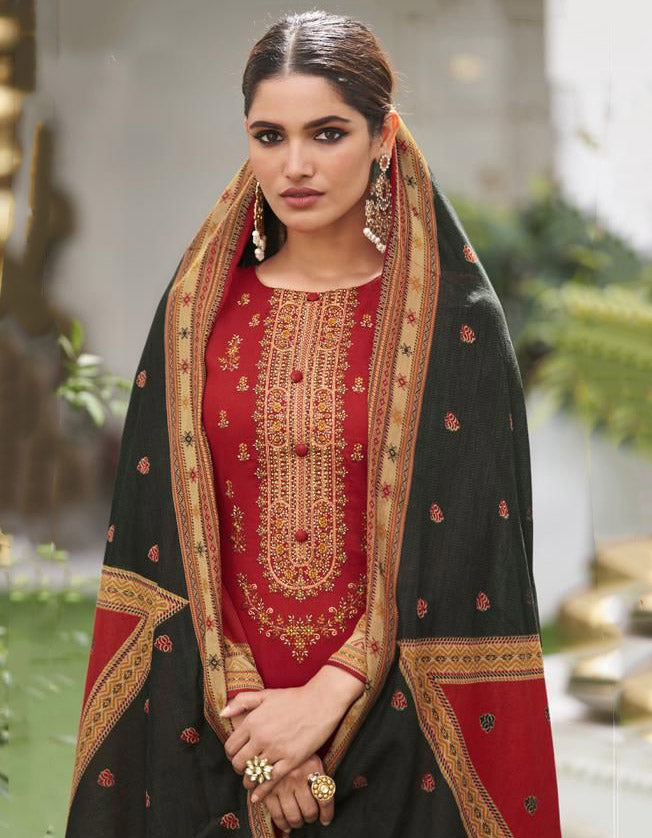 Mumtaz Lawn Cotton Unstitched Red Salwar Suit Material With Neck Embroidery - Stilento