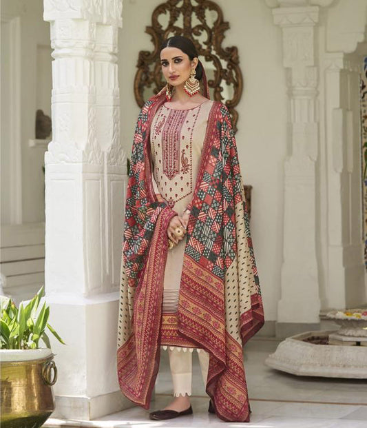 Mumtaz Lawn Cotton Unstitched Salwar Suit Material With Neck Embroidery