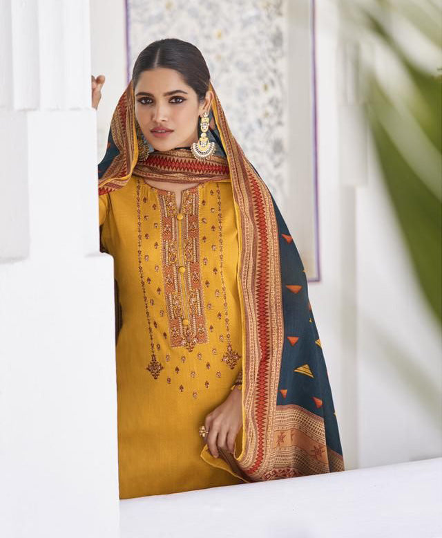 Mumtaz Lawn Cotton Unstitched Yellow Salwar Suit Material With Neck Embroidery - Stilento