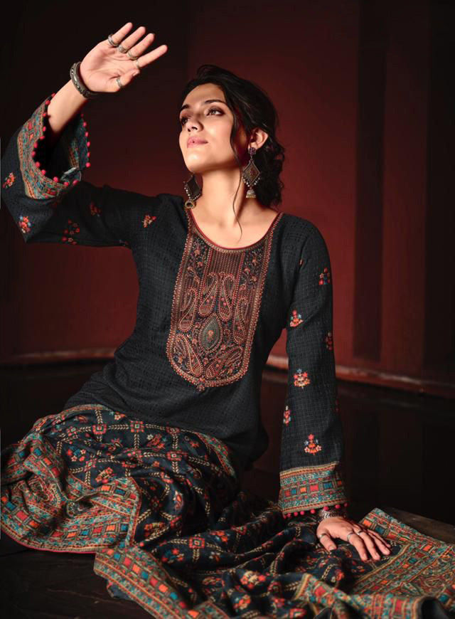 Mumtaz Unstitched Black Lawn Cotton Ladies Embroidery Suits With Dupatta - Stilento