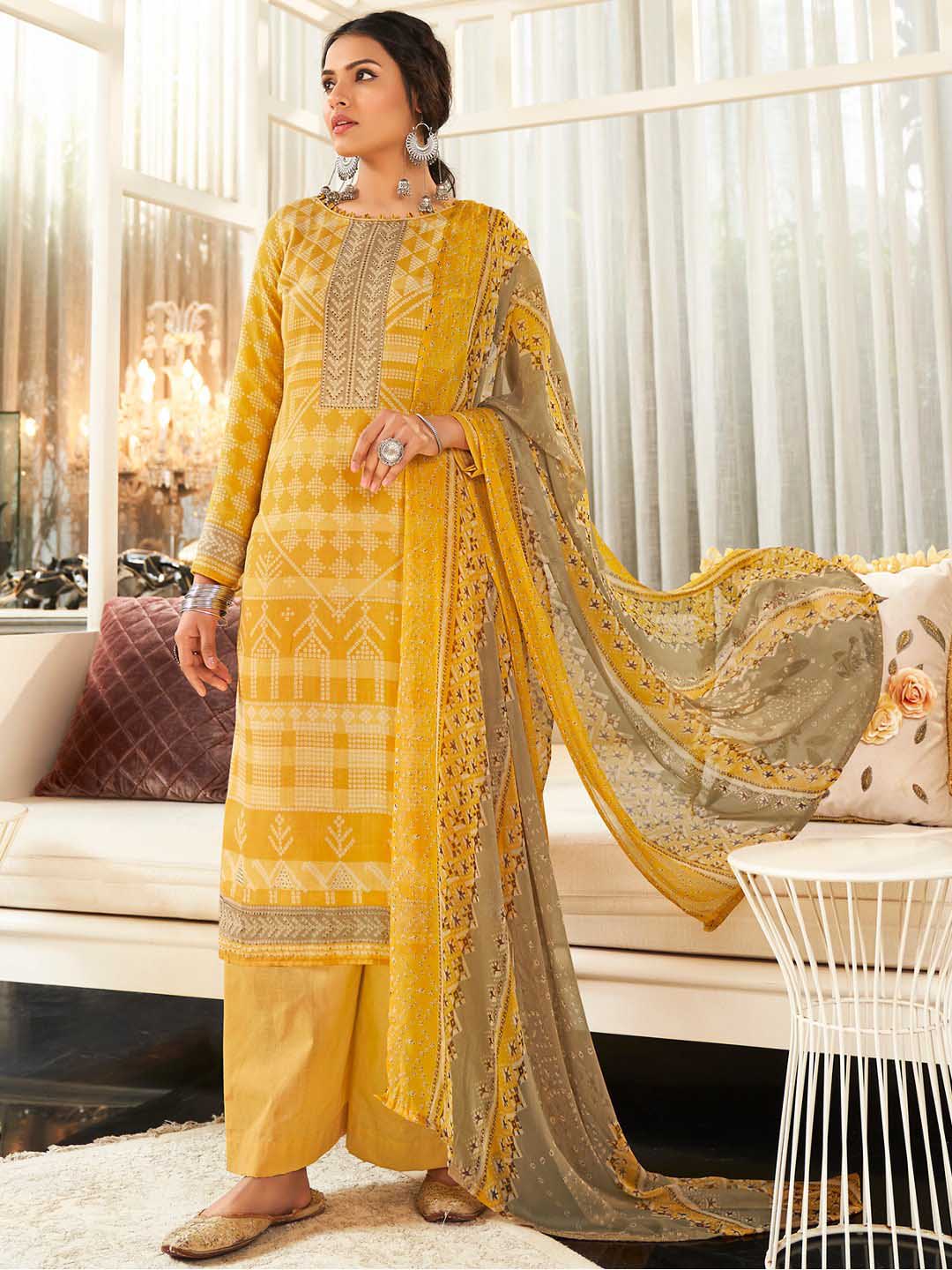 Unstitched Mustard Cotton Printed Suit Materials for Women with Dupatta - Stilento