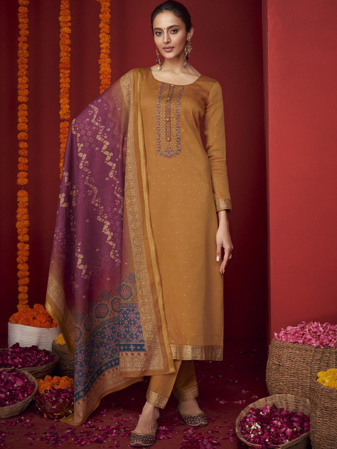 Unstitched Embroidered Cotton Satin Yellow Salwar Suit Material