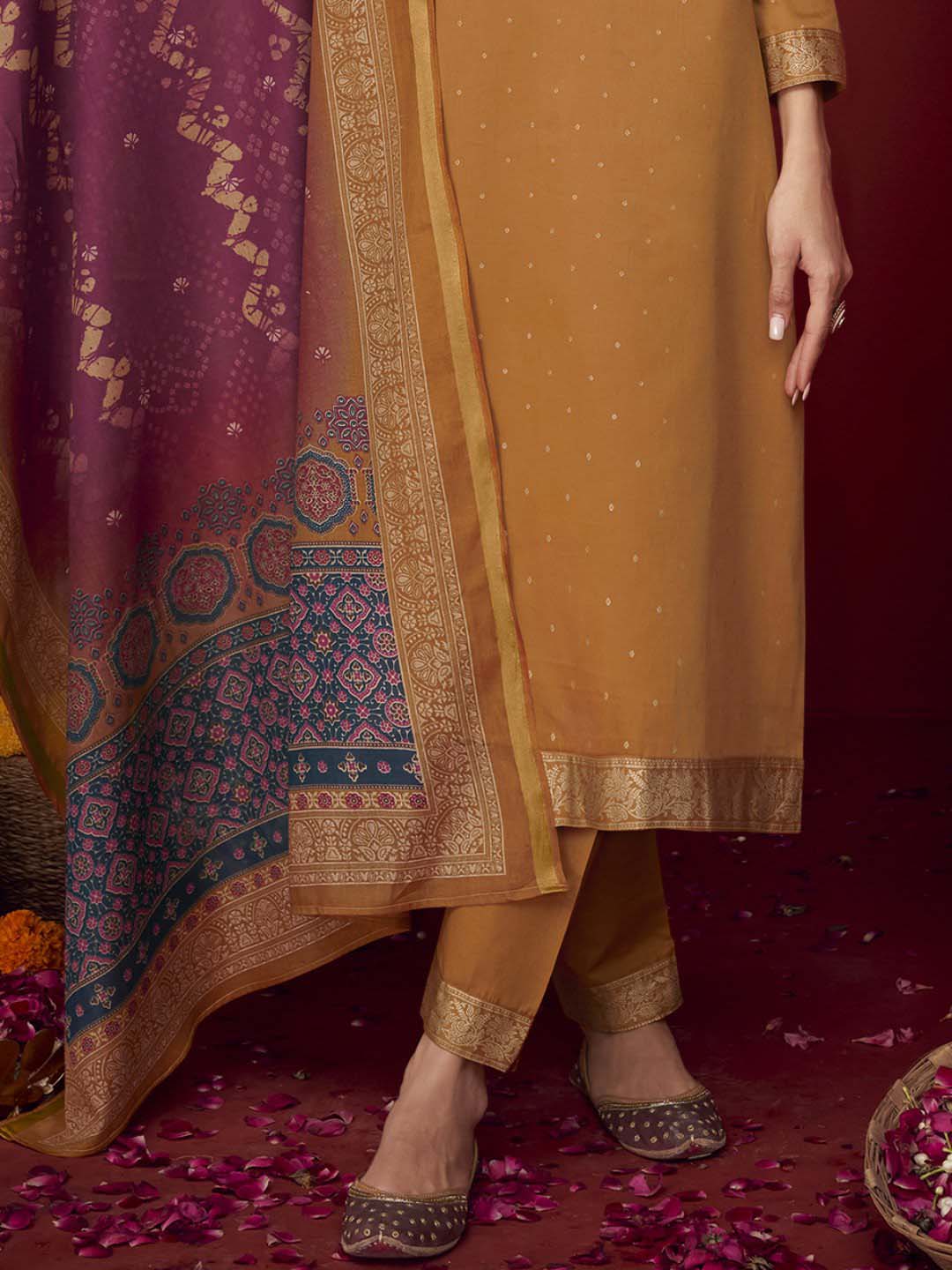 Unstitched Embroidered Cotton Satin Yellow Salwar Suit Material