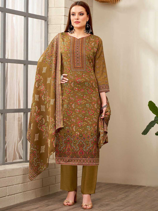 Green Printed Spun Pashmina Unstitched Winter Suit