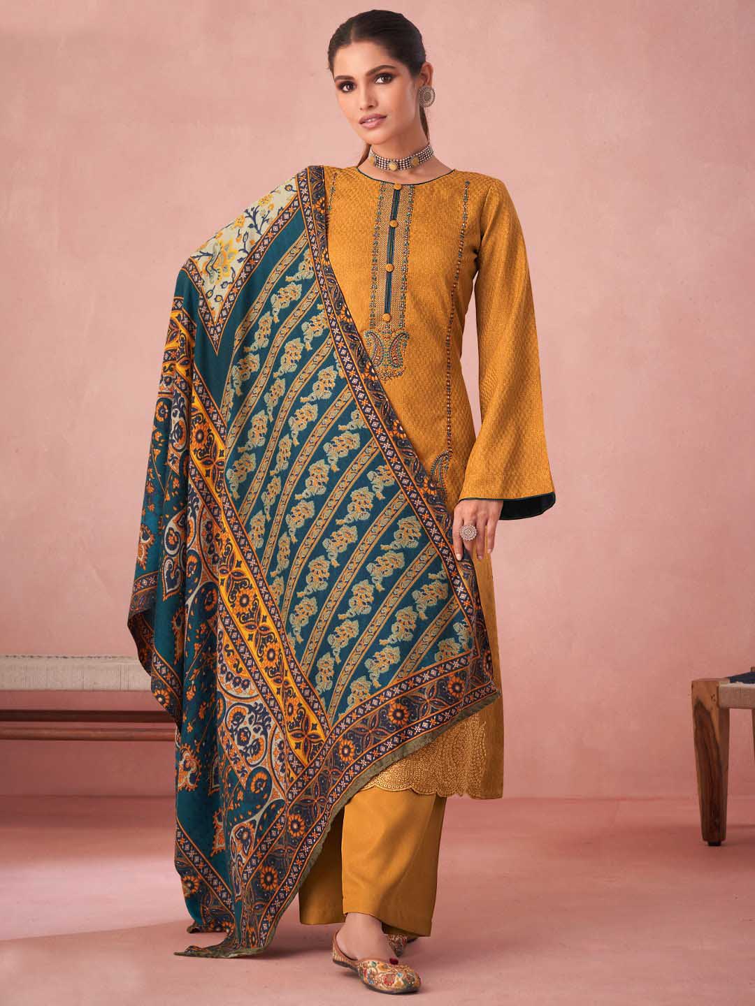 Yellow Pashmina Twill Embroidered Unstitched Winter Suit Set - Stilento