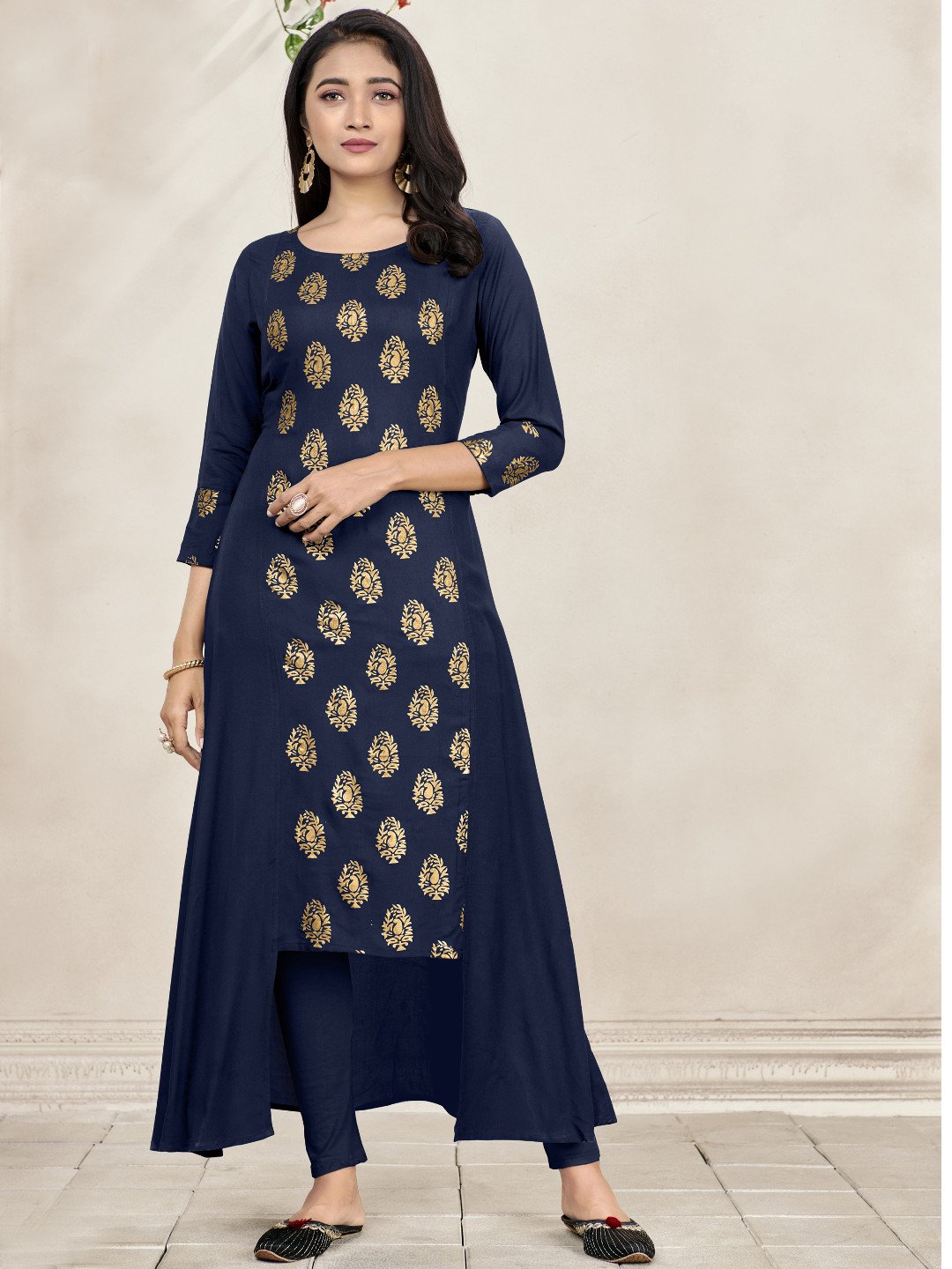 Navy Blue Foil Print Side Panel Flared Kurti
