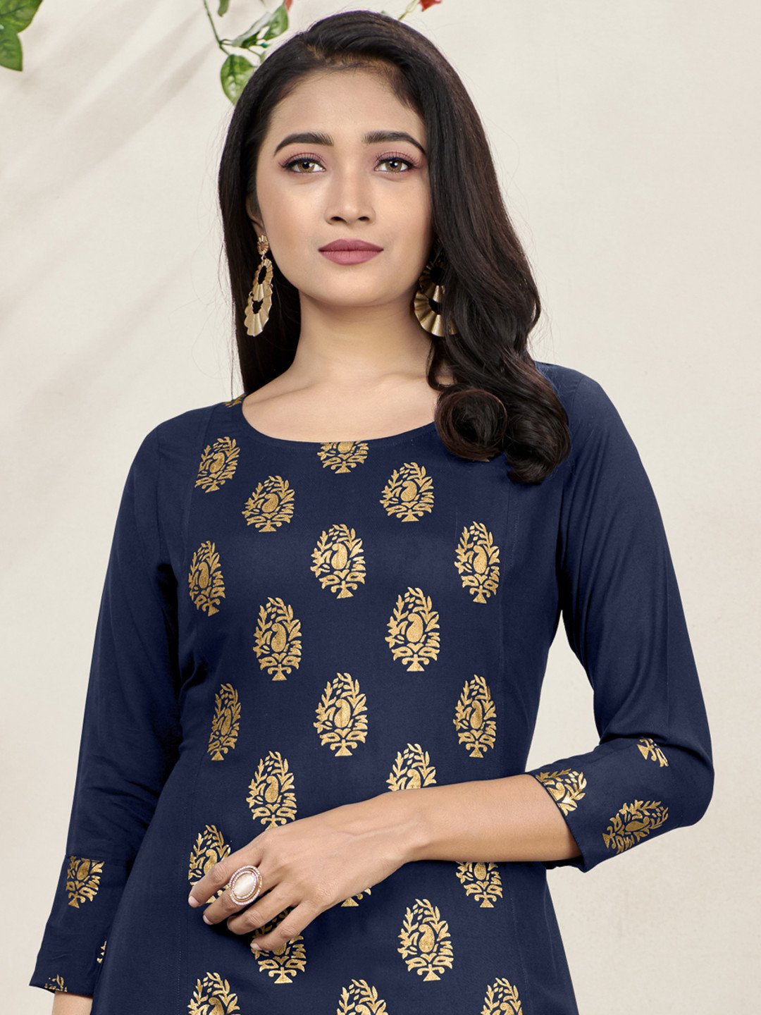 Navy Blue Foil Print Side Panel Flared Kurti