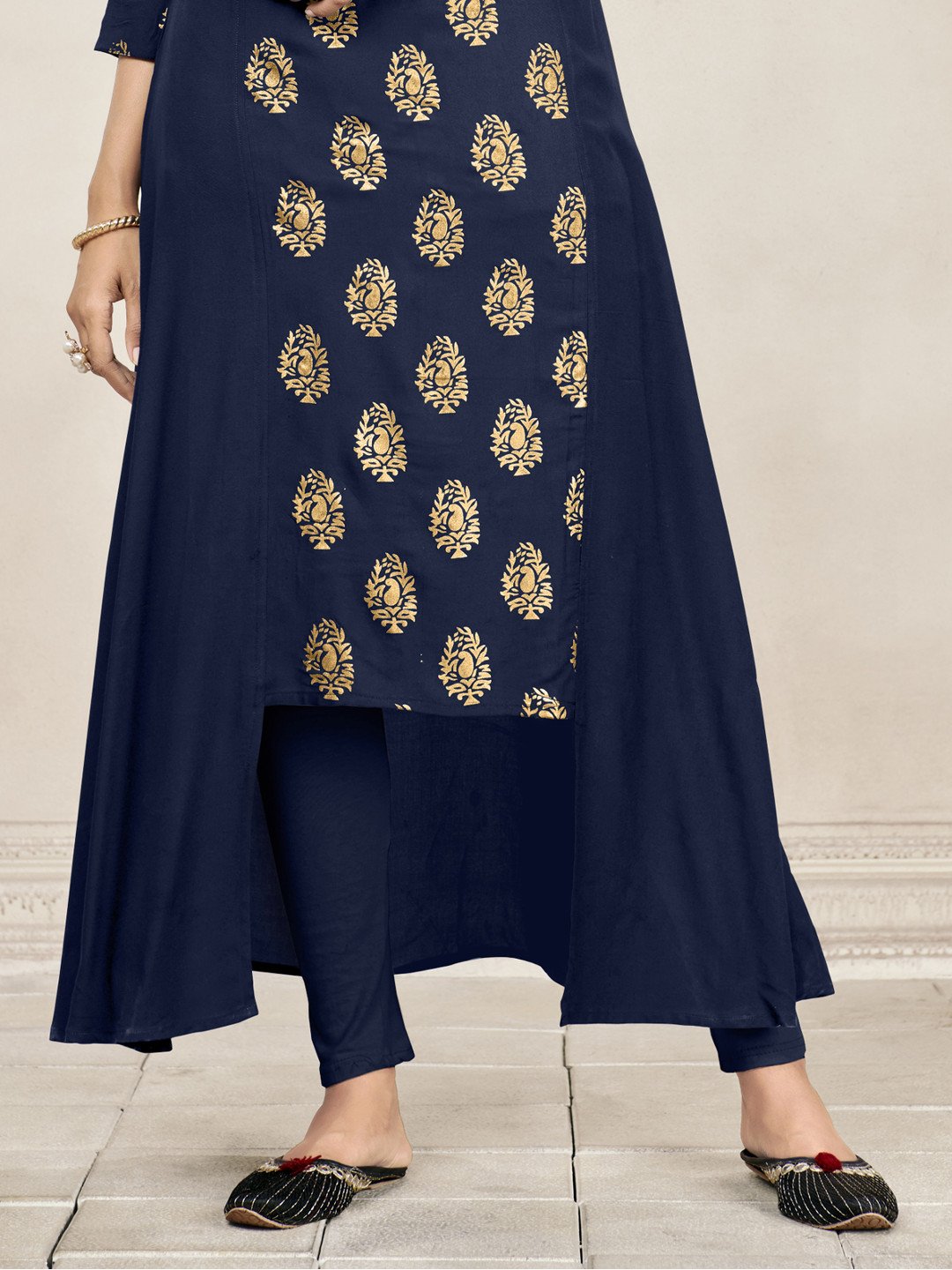 Navy Blue Foil Print Side Panel Flared Kurti