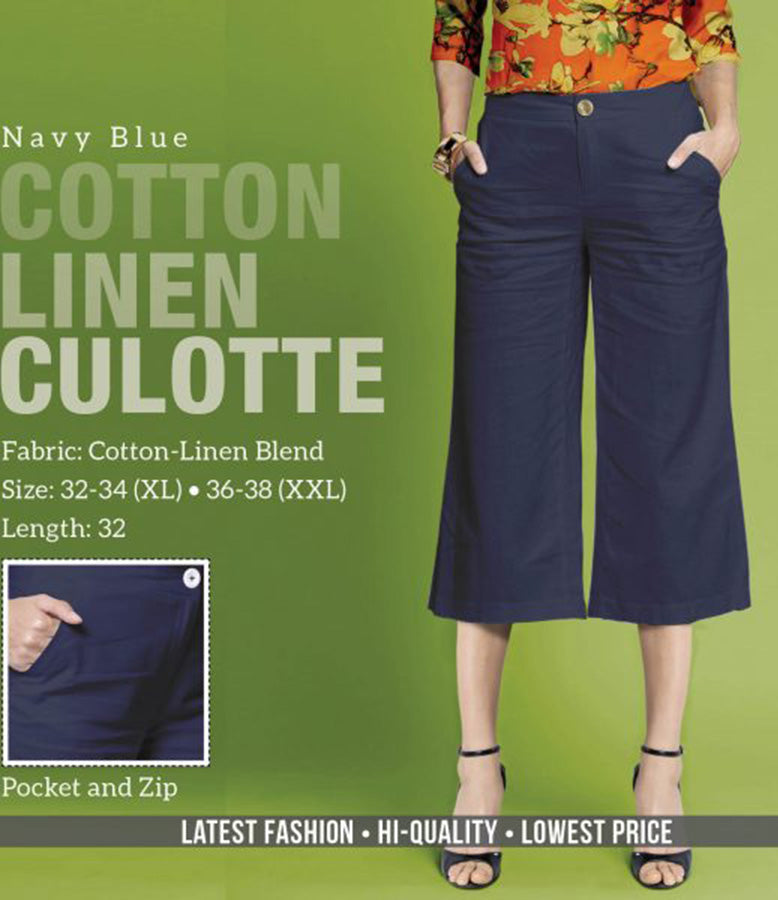 Navy Blue Linen Cotton Culottes Pants for women - Stilento