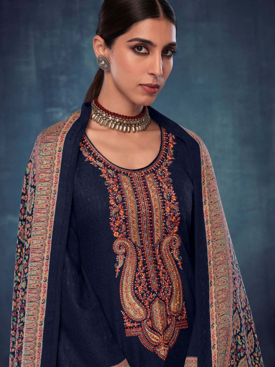 Navy Blue Pashmina Twill Embroidered Unstitched Winter Suits for Women - Stilento