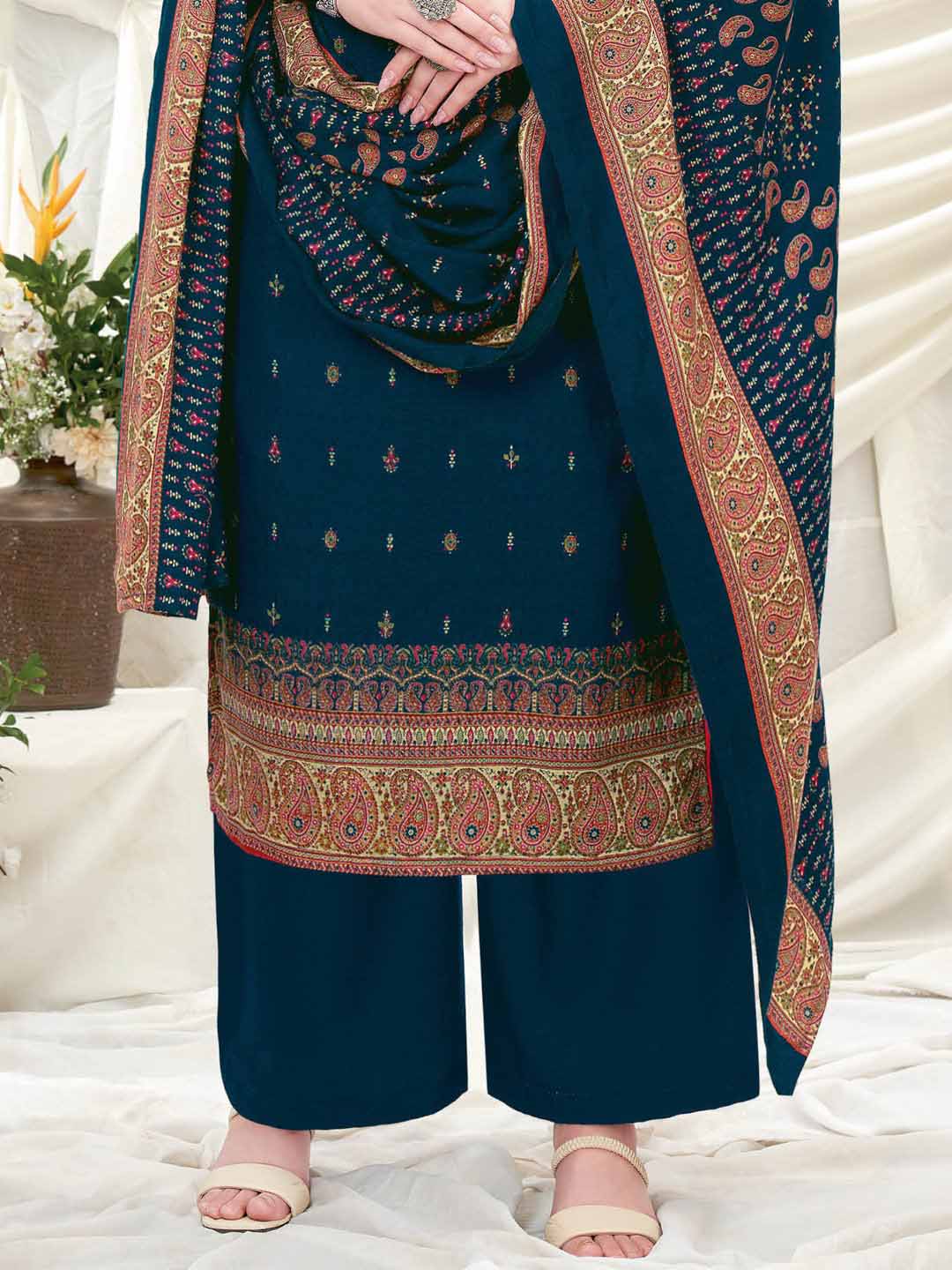 Wool Pashmina Navy Blue Printed Unstitched Suit Set - Stilento