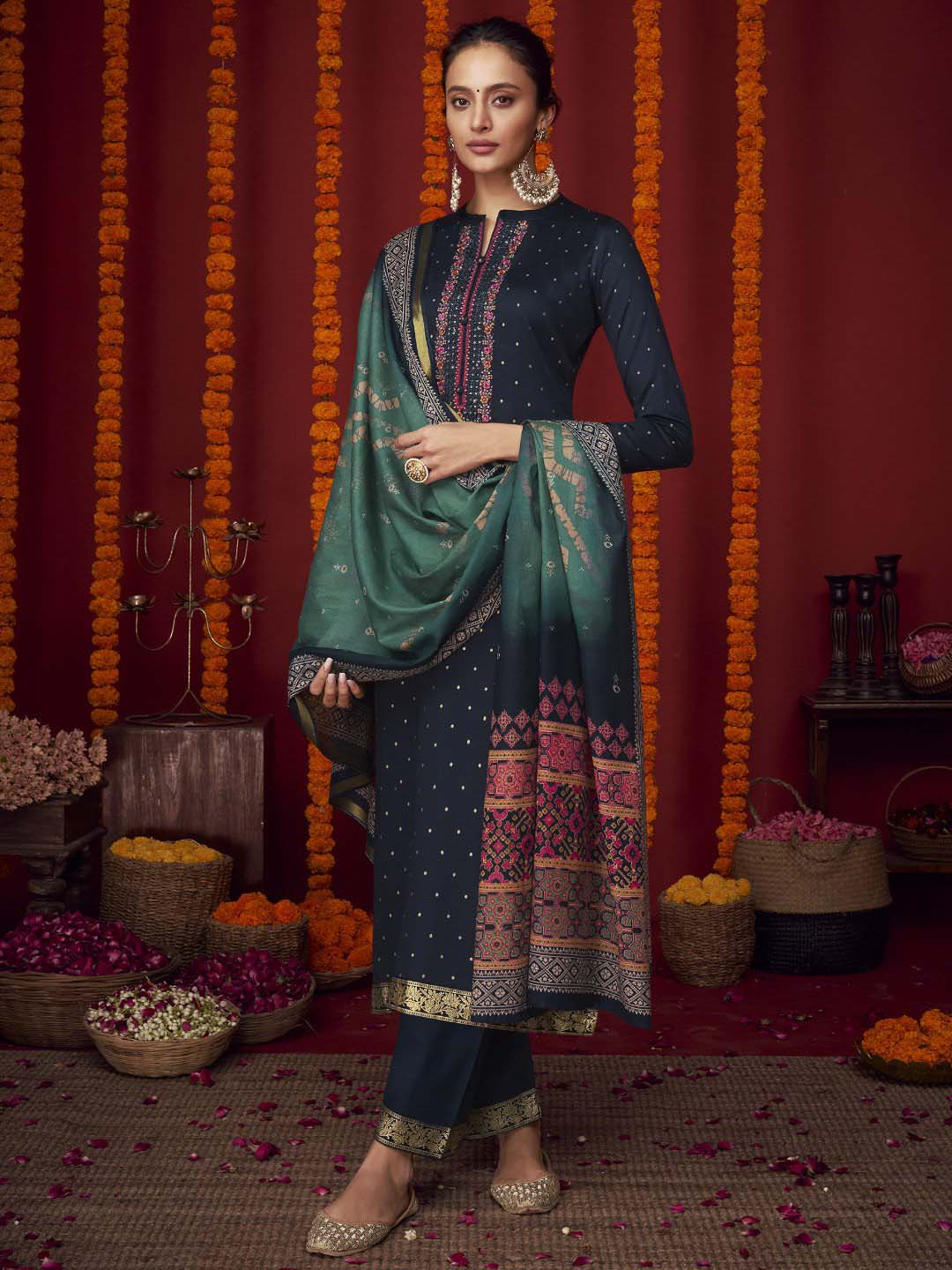 Unstitched Embroidered Cotton Satin Blue Suit Material with Lawn Dupatta