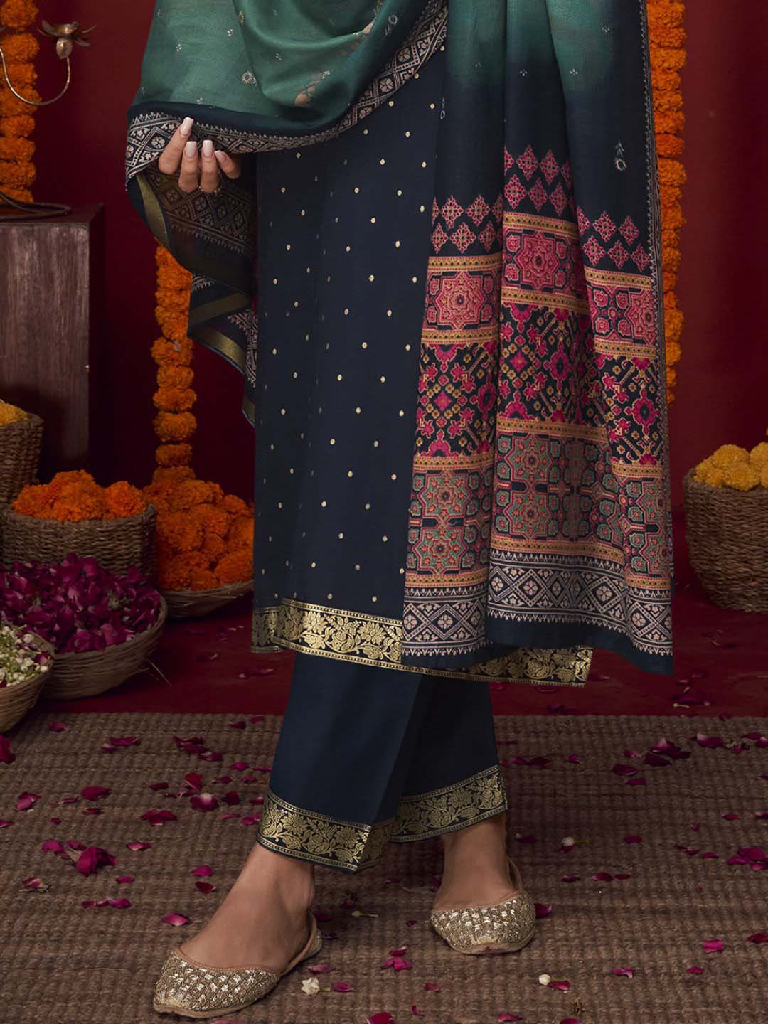 Unstitched Embroidered Cotton Satin Blue Suit Material with Lawn Dupatta