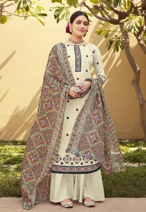 New Collection Women Off-White Green Unstitched Lawn Cotton Suits - Stilento