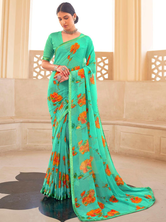 New Women's Green Printed Georgette Sarees with Lace - Stilento