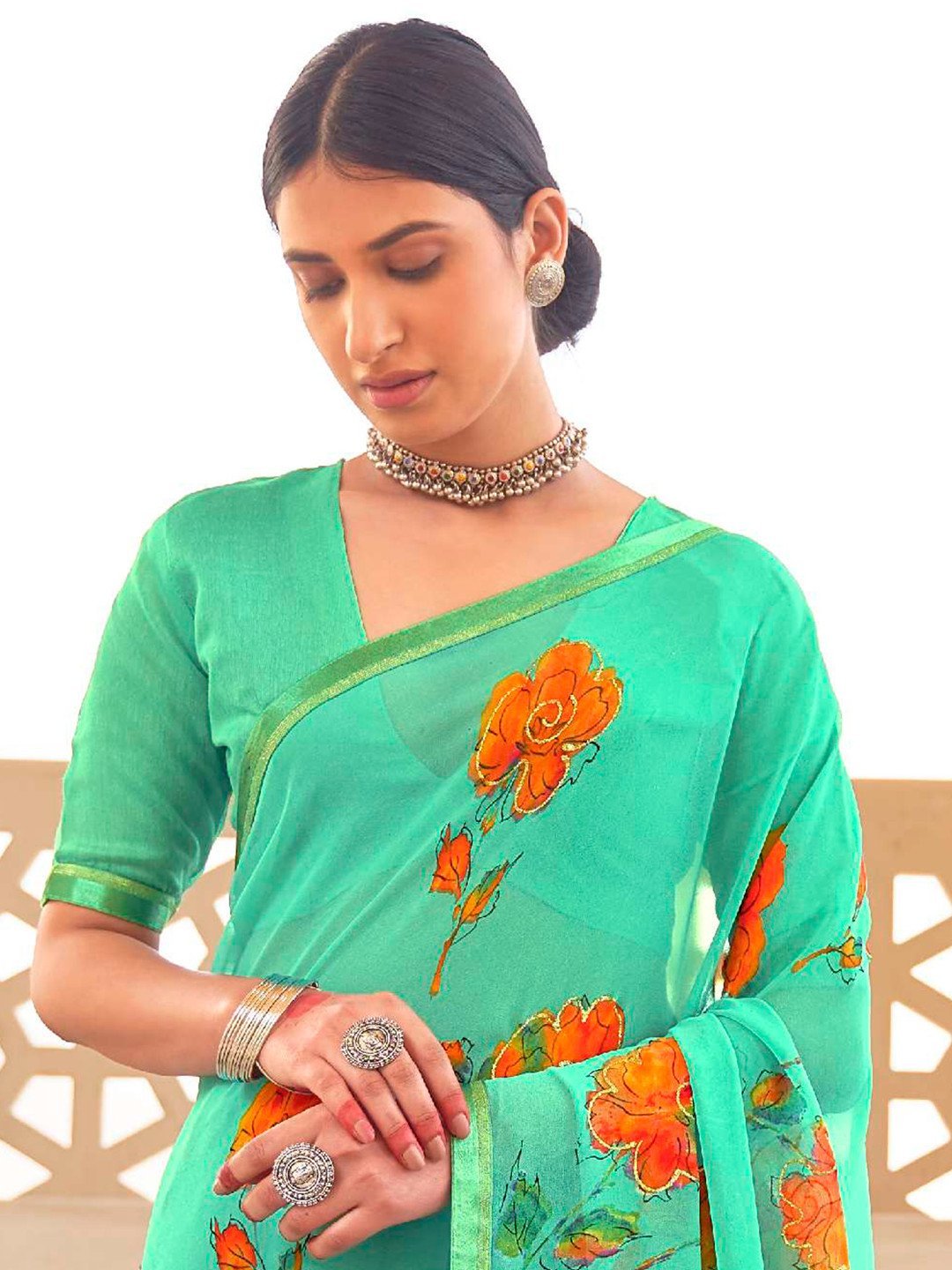 New Women's Green Printed Georgette Sarees with Lace
