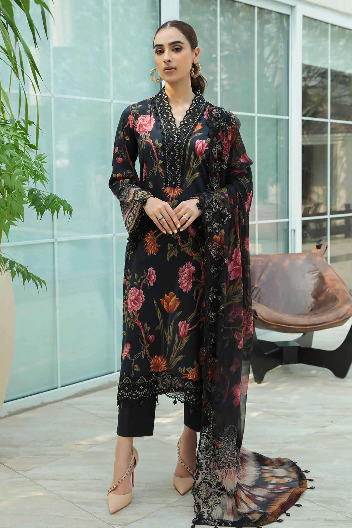 Nureh Gardenia Embroidered Lawn Black Pakistani Suit - Stilento