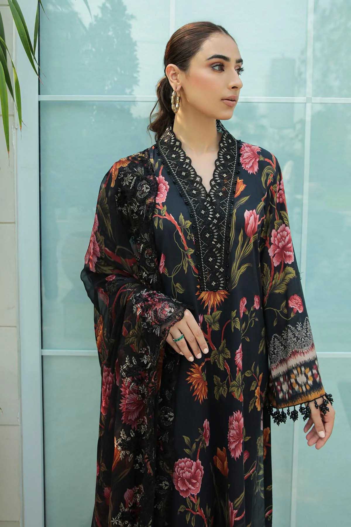 Nureh Gardenia Embroidered Lawn Black Pakistani Suit - Stilento