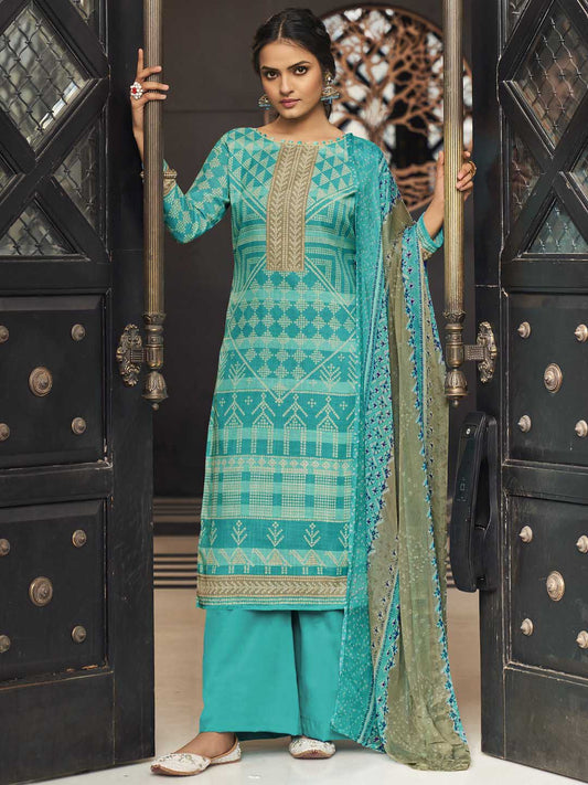 Unstitched Ocean Blue Cotton Printed Suit Materials with Dupatta - Stilento