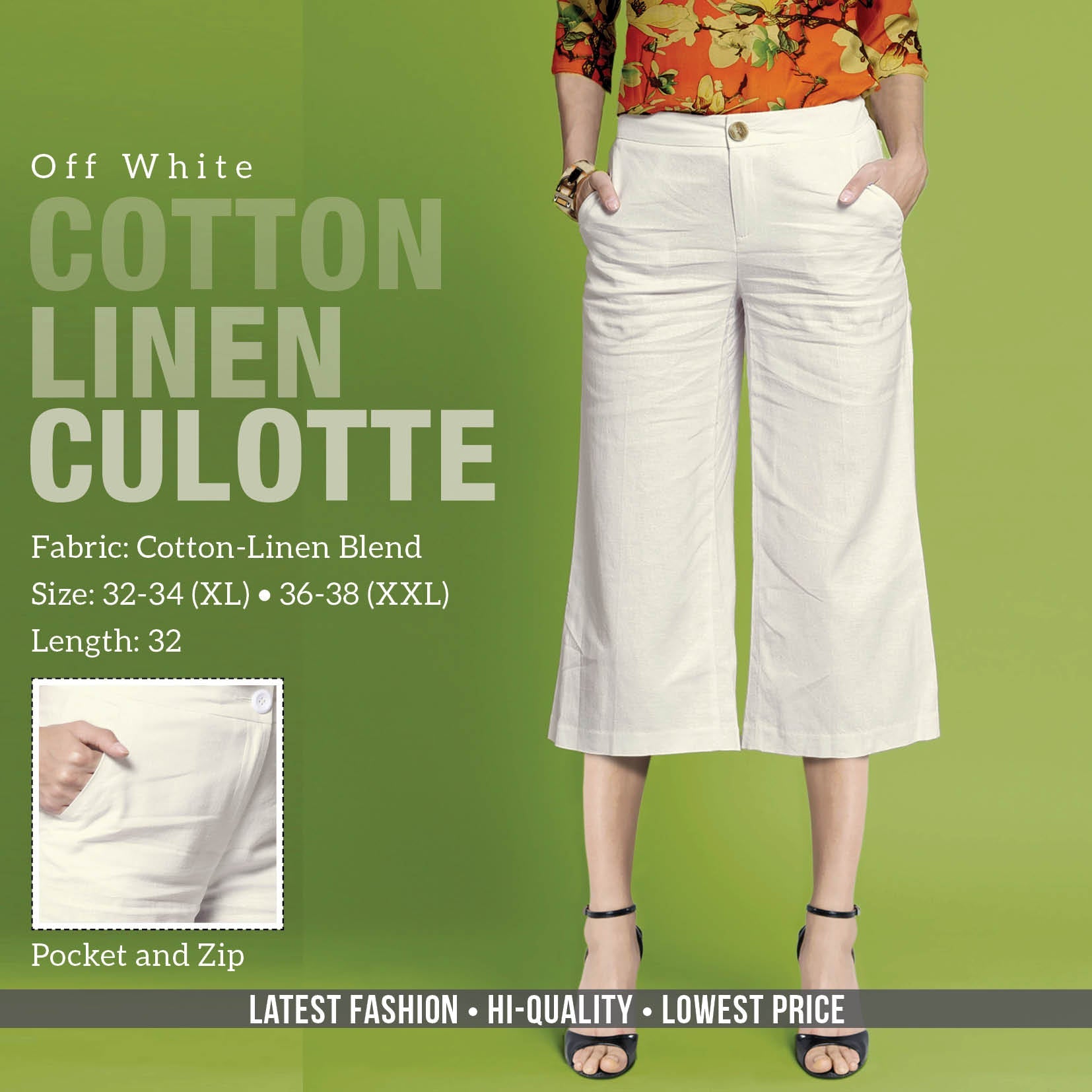 Off-White Linen Cotton Culottes Pants for women - Stilento