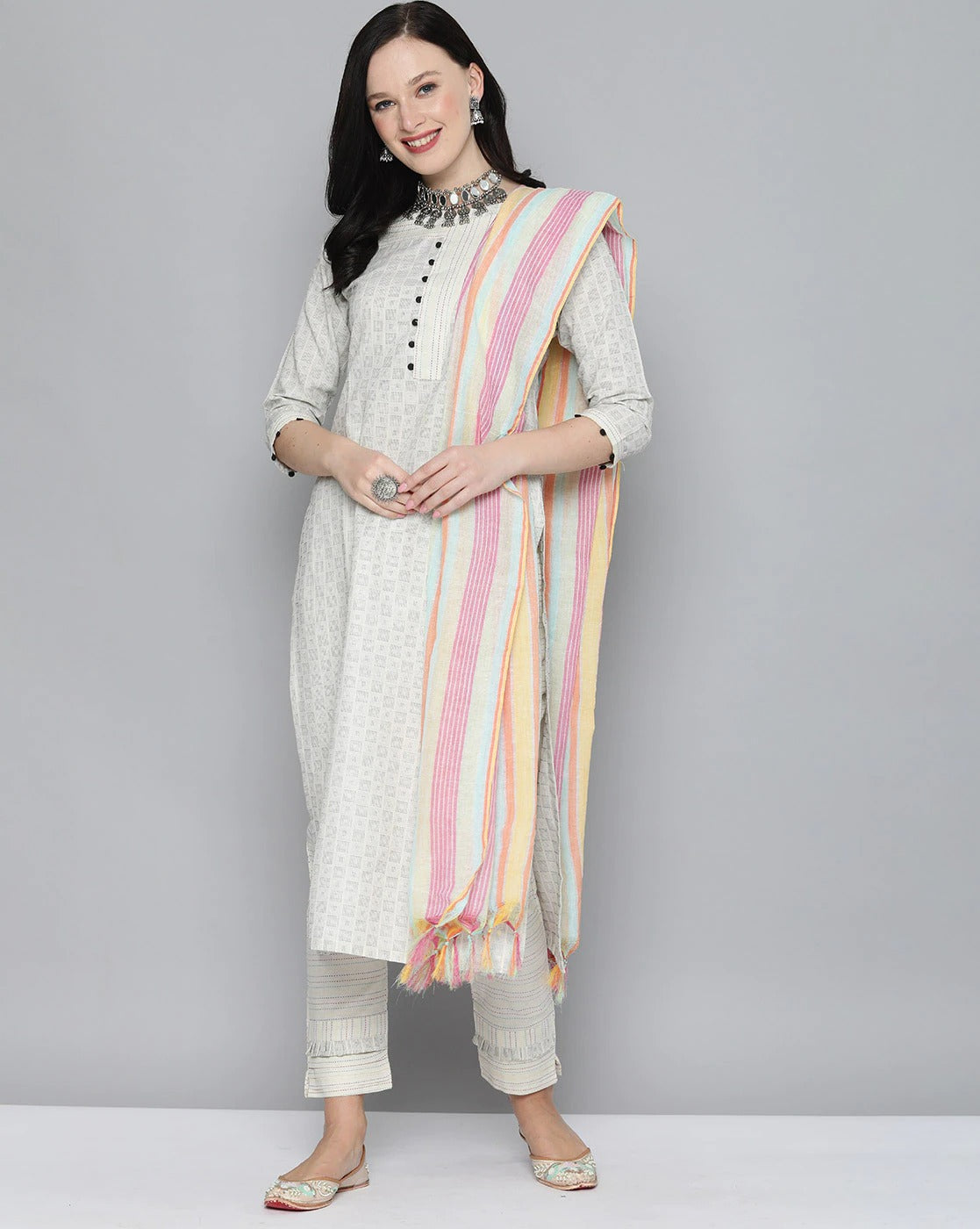 Off-White Pure Handloom Cotton Unstitched Dress Material - Stilento