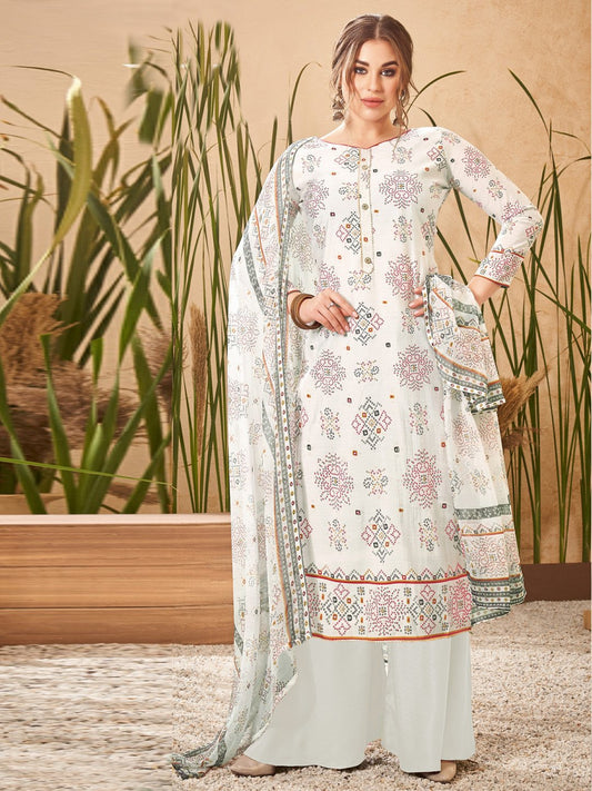 Off-White Viscose Silk Unstitched Suit with Chiffon Dupatta
