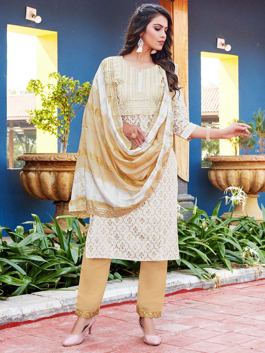 Off White Viscose Stitched Readymade Suit with Dupatta - Stilento