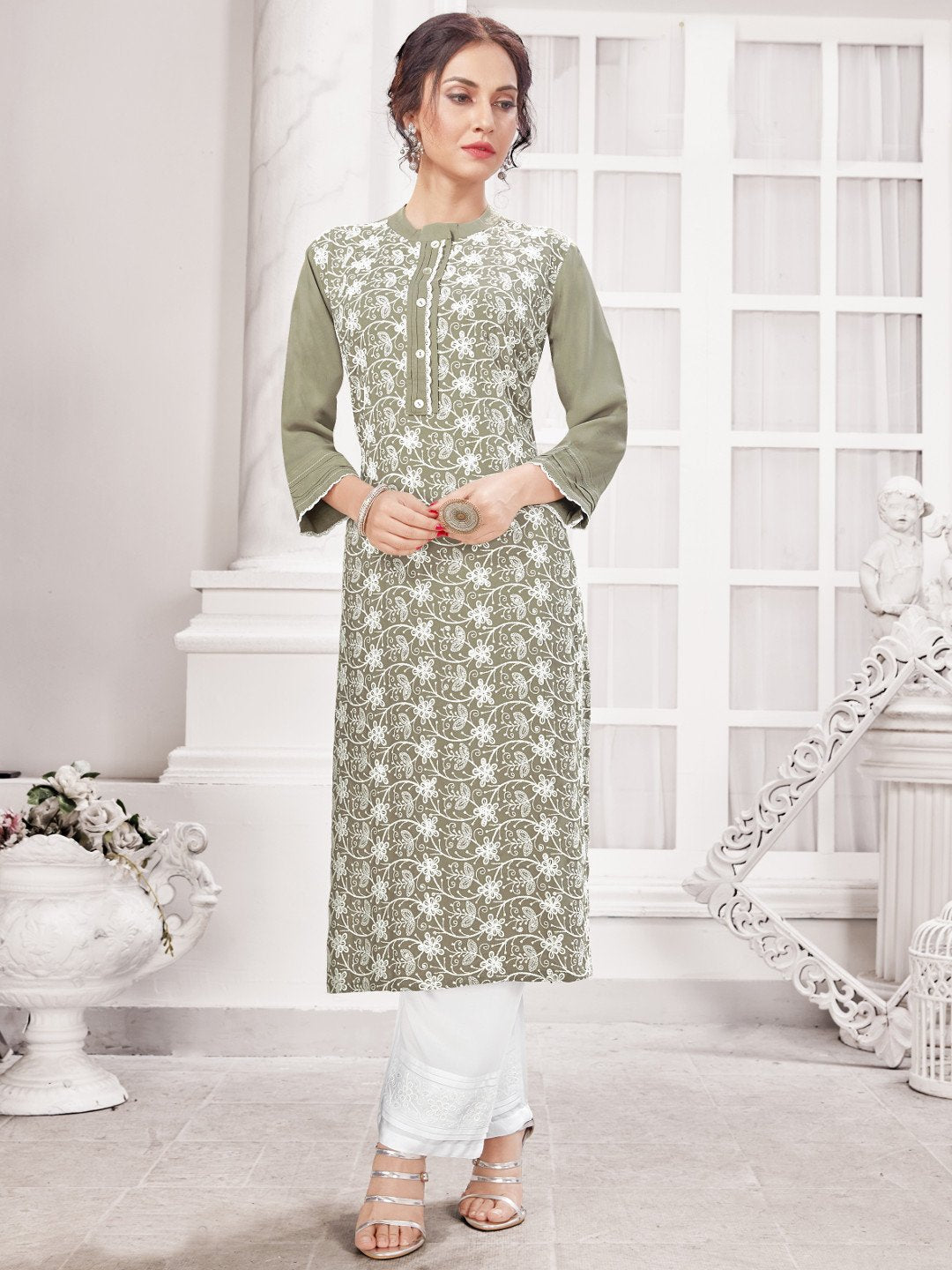 Olive Mandarin Collar Rayon Kurta with Pants