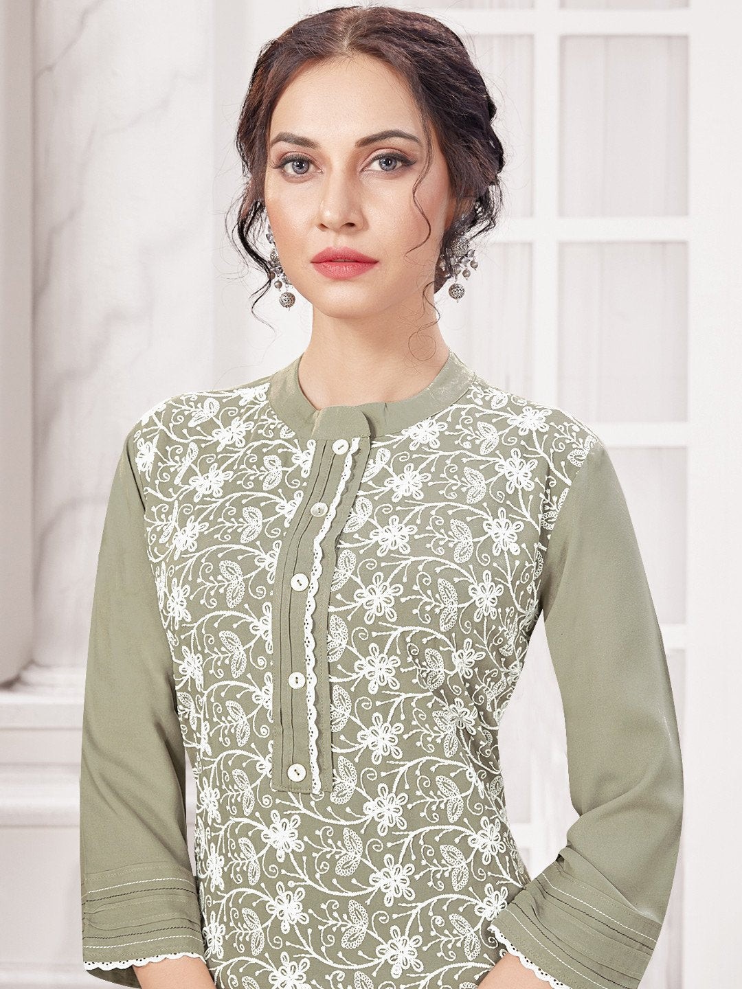Olive Mandarin Collar Rayon Kurta with Pants