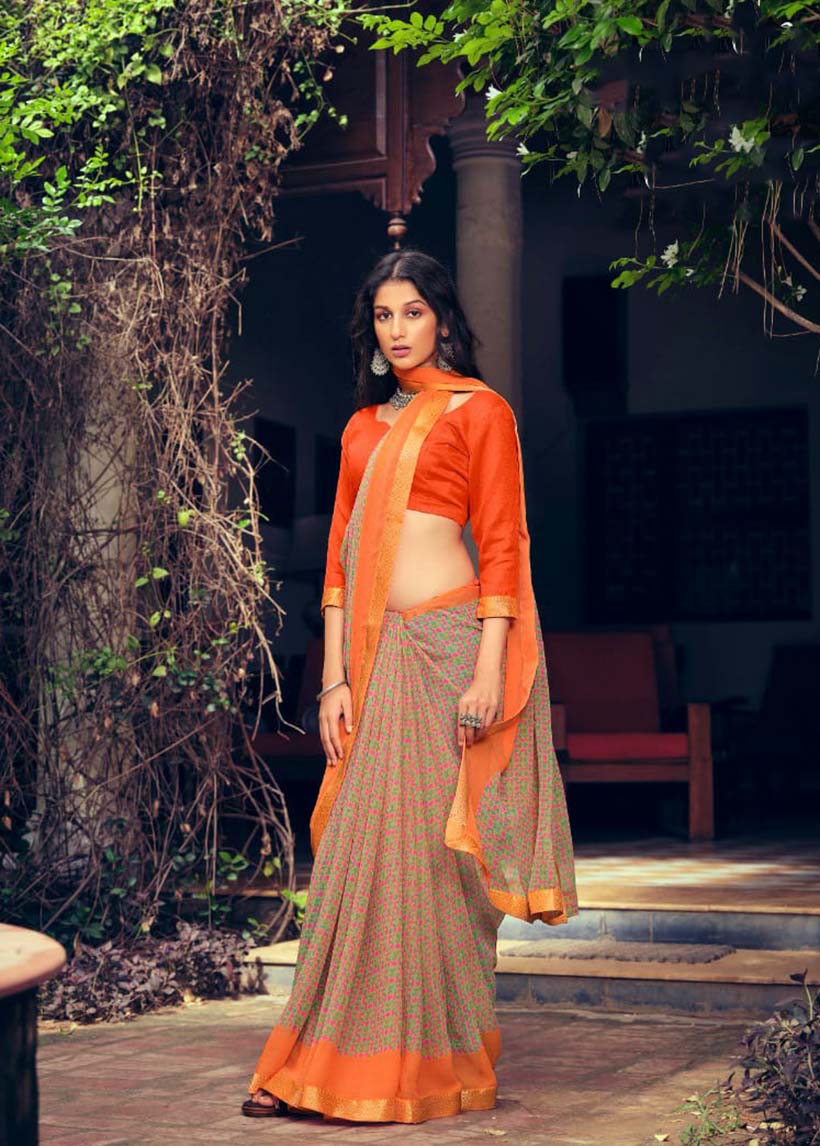 Orange Chiffon Printed Fancy Lace Border Saree for Women - Stilento
