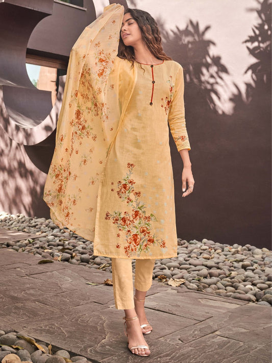 Orange Cotton Linen Printed Unstitched Suit Material for Ladies