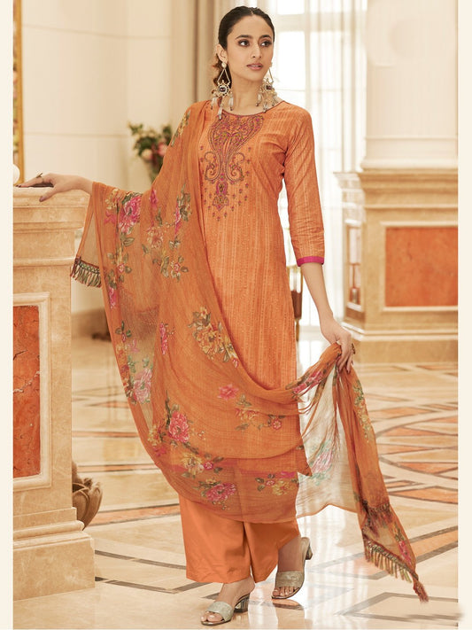 Orange Cotton Printed Unstitched Suit with Dupatta
