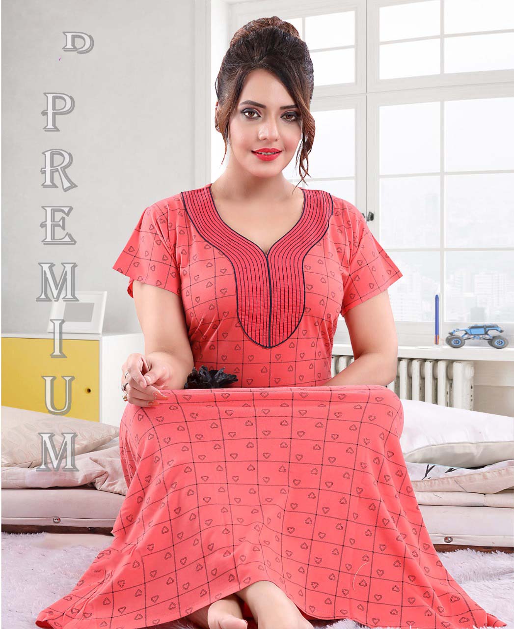Orange Long Cotton Nighty Night Wear with Embroidery