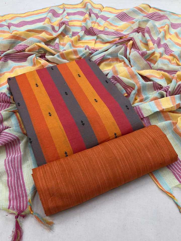 Orange Pure Handloom Cotton Unstitched Dress Material - Stilento