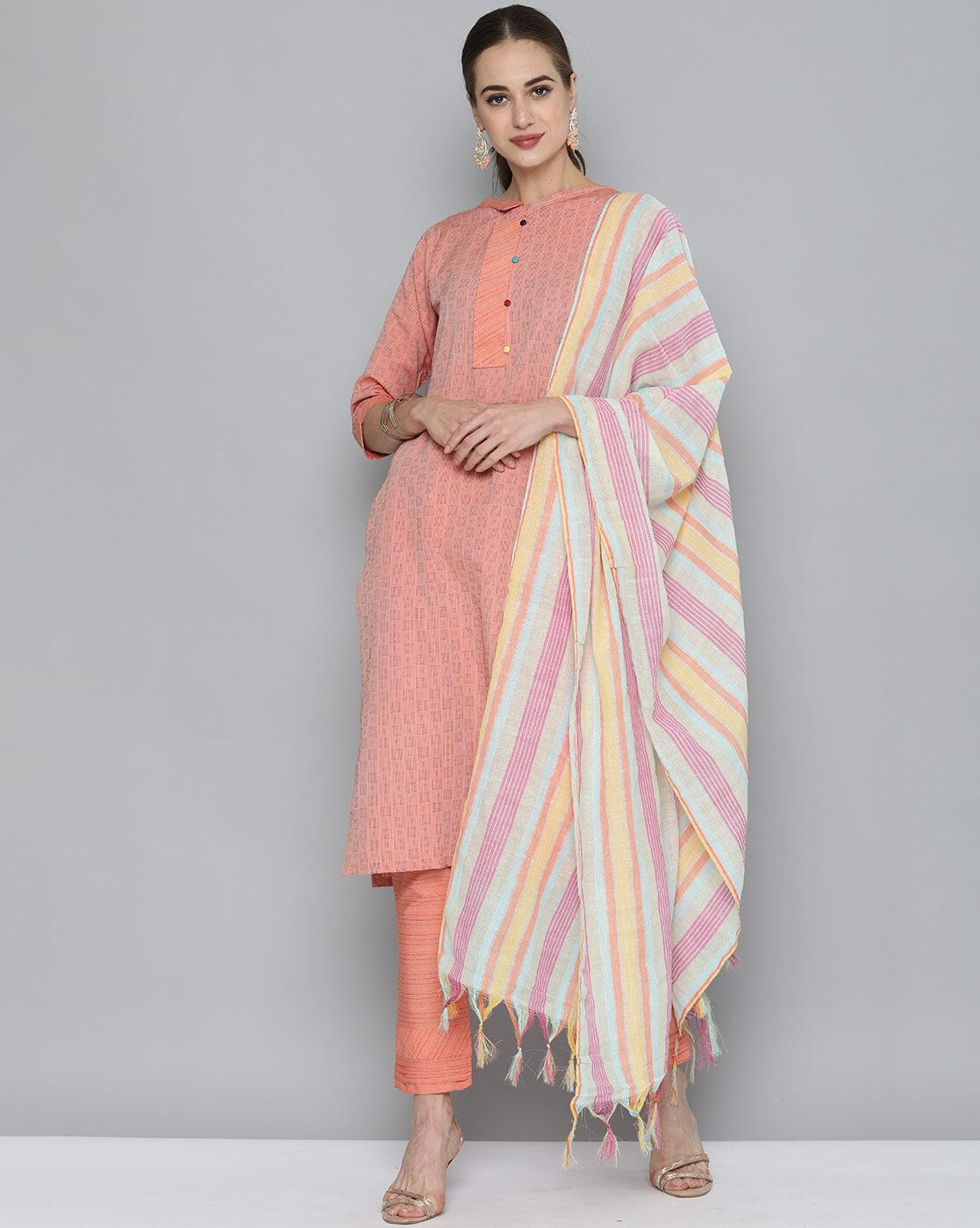 Orange Pure Handloom Cotton Unstitched Dress Material - Stilento