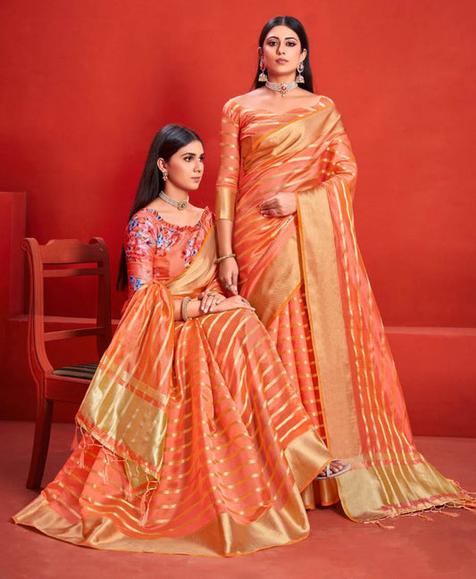 Organza Silk Golden Zari Border Orange saree with Two Blouses - Stilento