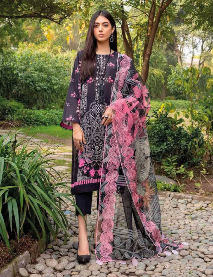 Pakistani Black Cotton Suits Material with Chiffon Dupatta - Stilento
