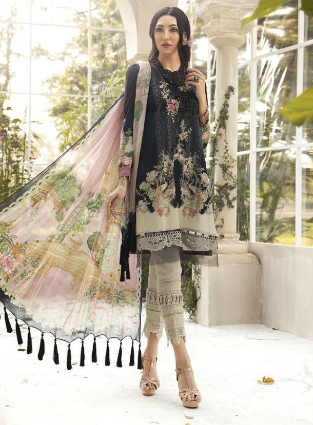 Pakistani Black Cotton Unstitched Suit Material for Women - Stilento