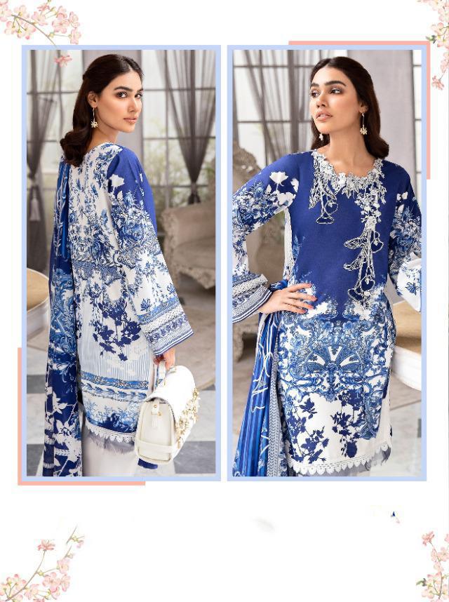 Pakistani Blue Cotton Suit Material for women with Chiffon Dupatta - Stilento