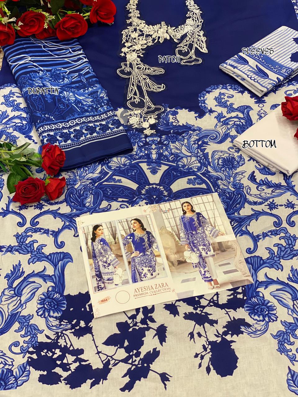 Pakistani Blue Cotton Suit Material for women with Chiffon Dupatta - Stilento
