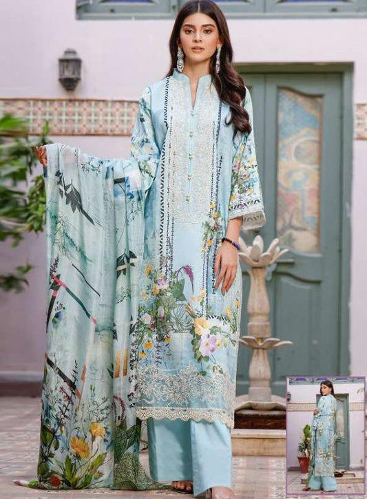 Pakistani Cotton Printed Unstitched Blue Suit Dress Material for Women