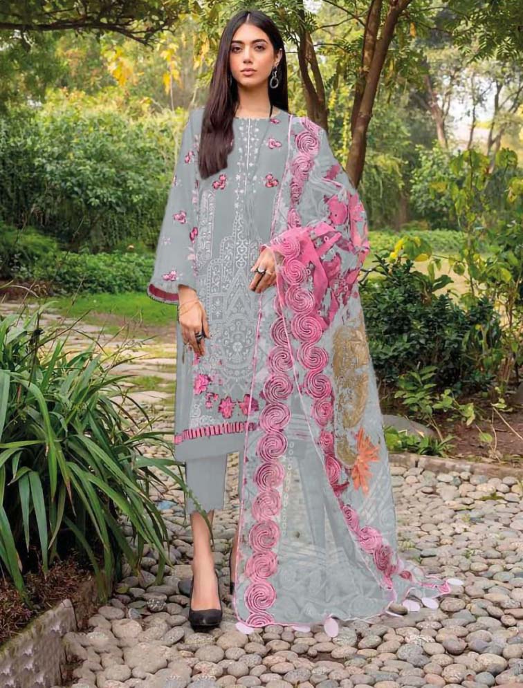 Pakistani Grey Cotton Suits Material with Chiffon Dupatta - Stilento